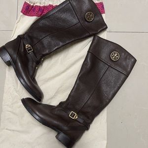Tory Burch Dark Brown Pebbled Leather Knee Boots with Gold Medallion